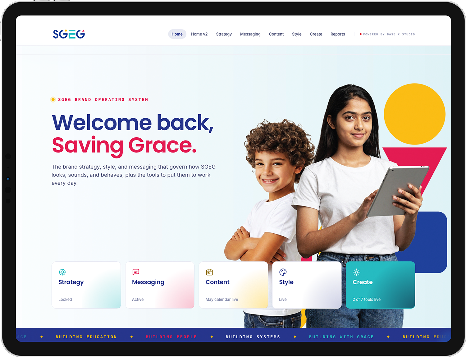 The Client BOS Portal — a Saving Grace Education example, showing the brand operating system installed at the end of an engagement.